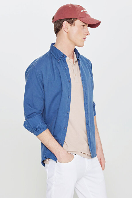 Pamuklu Comfort Fit Rahat Kesim Polo Yaka Cepli Bej-Beyaz Tişört resmi