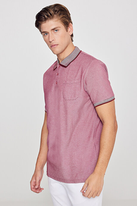 Pamuklu Comfort Fit Rahat Kesim Polo Yaka Cepli Bordo Tişört resmi