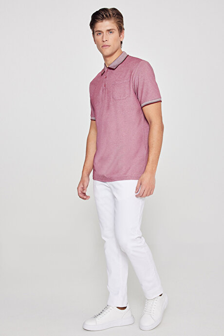 Pamuklu Comfort Fit Rahat Kesim Polo Yaka Cepli Bordo Tişört resmi