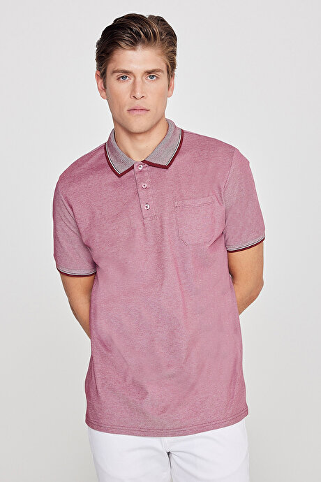 Pamuklu Comfort Fit Rahat Kesim Polo Yaka Cepli Bordo Tişört resmi