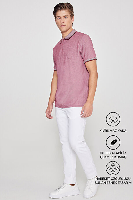 Pamuklu Comfort Fit Rahat Kesim Polo Yaka Cepli Bordo Tişört resmi