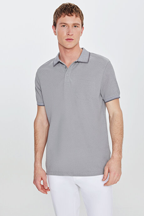 Pamuklu Comfort Fit Rahat Kesim Polo Yaka Cepli Gri Tişört resmi