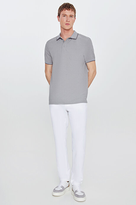 Pamuklu Comfort Fit Rahat Kesim Polo Yaka Cepli Gri Tişört resmi