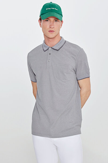 Pamuklu Comfort Fit Rahat Kesim Polo Yaka Cepli Gri Tişört resmi