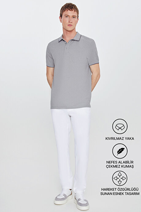 Pamuklu Comfort Fit Rahat Kesim Polo Yaka Cepli Gri Tişört resmi