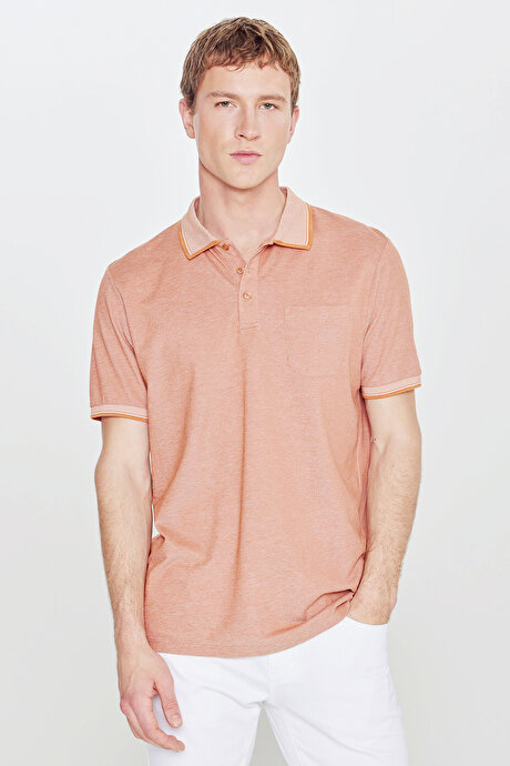 Pamuklu Comfort Fit Rahat Kesim Polo Yaka Cepli Kiremit-Bej Tişört resmi