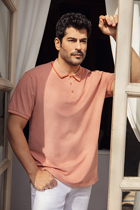 Pamuklu Comfort Fit Rahat Kesim Polo Yaka Cepli Kiremit-Bej Tişört resmi