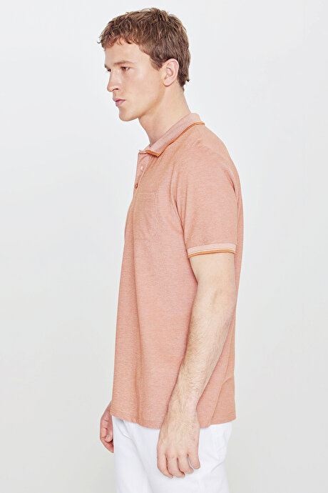 Pamuklu Comfort Fit Rahat Kesim Polo Yaka Cepli Kiremit-Bej Tişört resmi