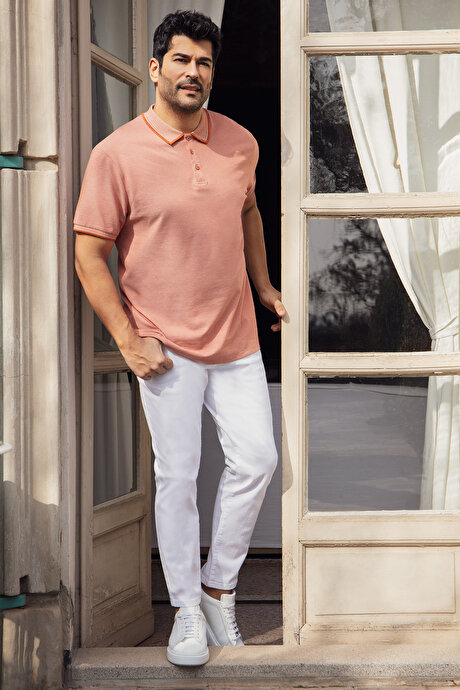 Pamuklu Comfort Fit Rahat Kesim Polo Yaka Cepli Kiremit-Bej Tişört resmi