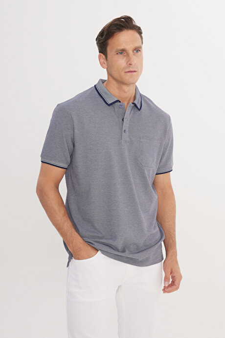 Pamuklu Comfort Fit Rahat Kesim Polo Yaka Cepli Lacivert Tişört resmi