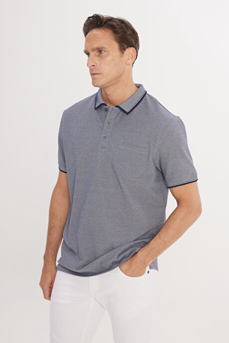 Pamuklu Comfort Fit Rahat Kesim Polo Yaka Cepli Lacivert Tişört resmi
