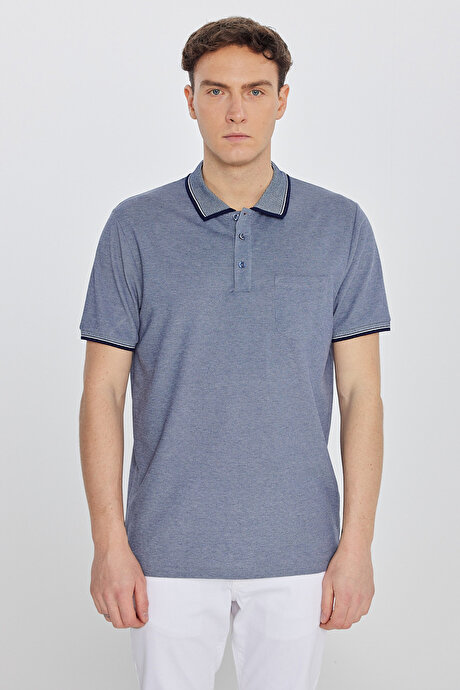 Pamuklu Comfort Fit Rahat Kesim Polo Yaka Cepli Lacivert Tişört resmi