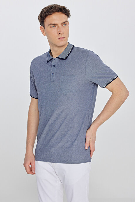 Pamuklu Comfort Fit Rahat Kesim Polo Yaka Cepli Lacivert Tişört resmi