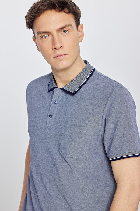 Pamuklu Comfort Fit Rahat Kesim Polo Yaka Cepli Lacivert Tişört resmi