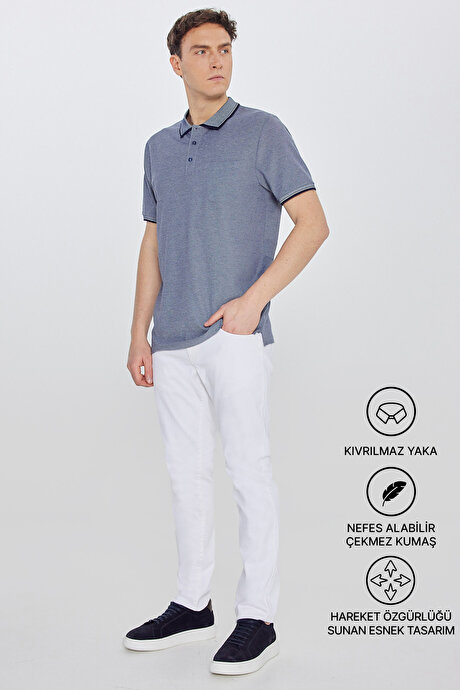 Pamuklu Comfort Fit Rahat Kesim Polo Yaka Cepli Lacivert Tişört resmi
