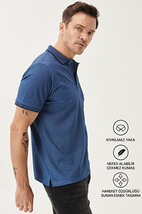 Pamuklu Comfort Fit Rahat Kesim Polo Yaka Cepli Lacivert-İndigo Tişört resmi
