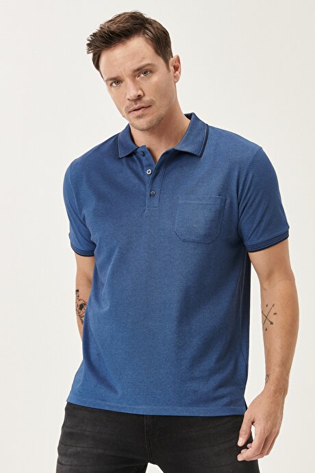Pamuklu Comfort Fit Rahat Kesim Polo Yaka Cepli Lacivert-İndigo Tişört resmi