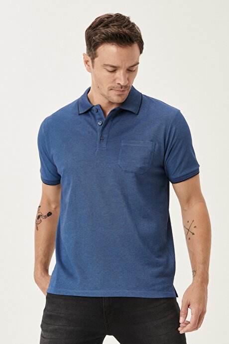 Pamuklu Comfort Fit Rahat Kesim Polo Yaka Cepli Lacivert-İndigo Tişört resmi