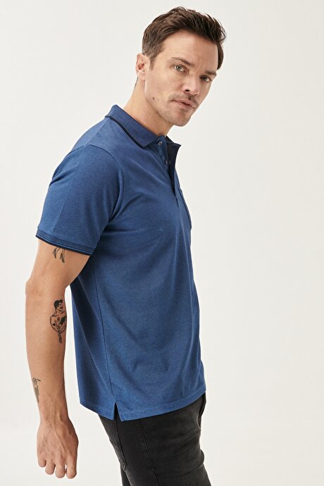 Pamuklu Comfort Fit Rahat Kesim Polo Yaka Cepli Lacivert-İndigo Tişört resmi