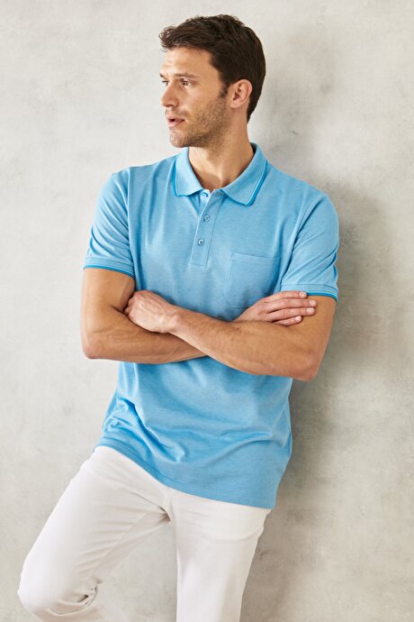 Regular Fit Geniş Kesim Polo Yaka Cepli Mavi Tişört resmi