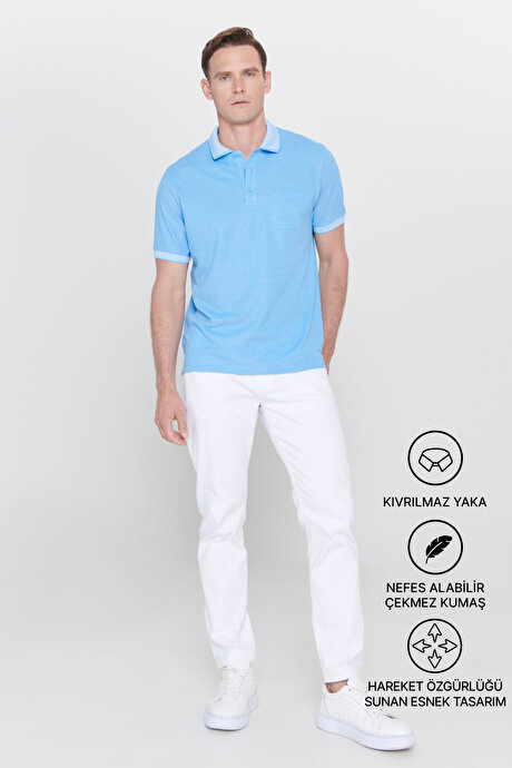 Pamuklu Comfort Fit Rahat Kesim Polo Yaka Cepli Mavi Tişört resmi
