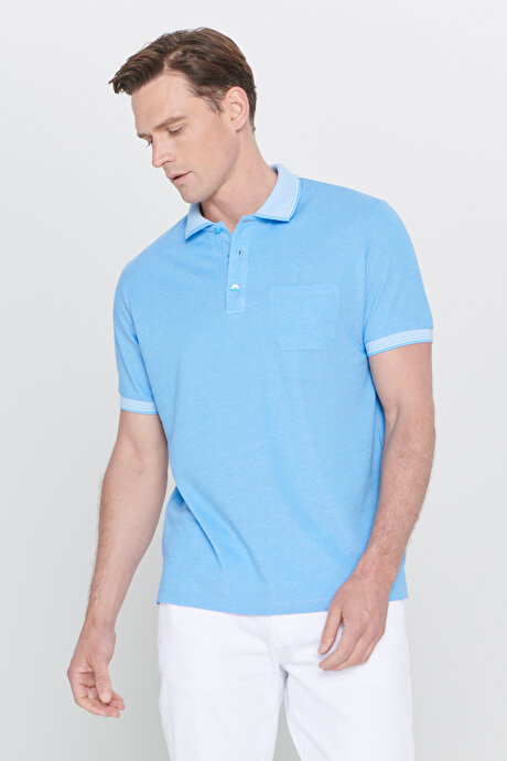Pamuklu Comfort Fit Rahat Kesim Polo Yaka Cepli Mavi Tişört resmi