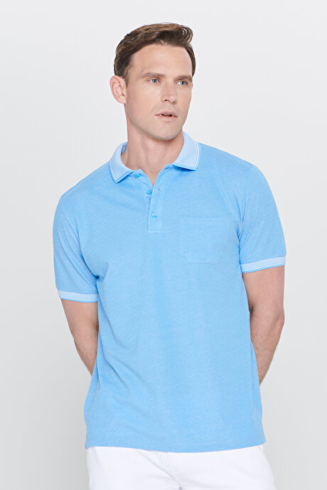 Pamuklu Comfort Fit Rahat Kesim Polo Yaka Cepli Mavi Tişört resmi