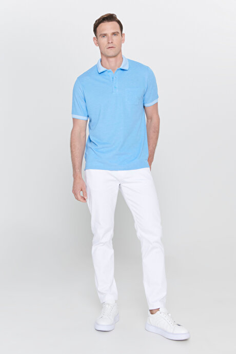 Pamuklu Comfort Fit Rahat Kesim Polo Yaka Cepli Mavi Tişört resmi