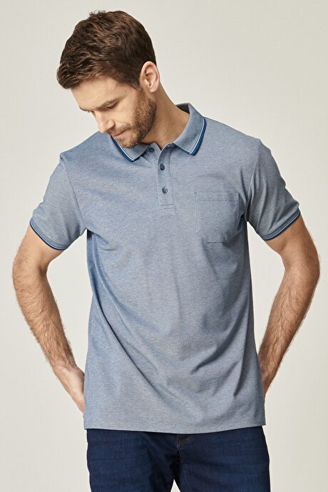 Pamuklu Comfort Fit Rahat Kesim Polo Yaka Cepli İndigo-Beyaz Tişört resmi