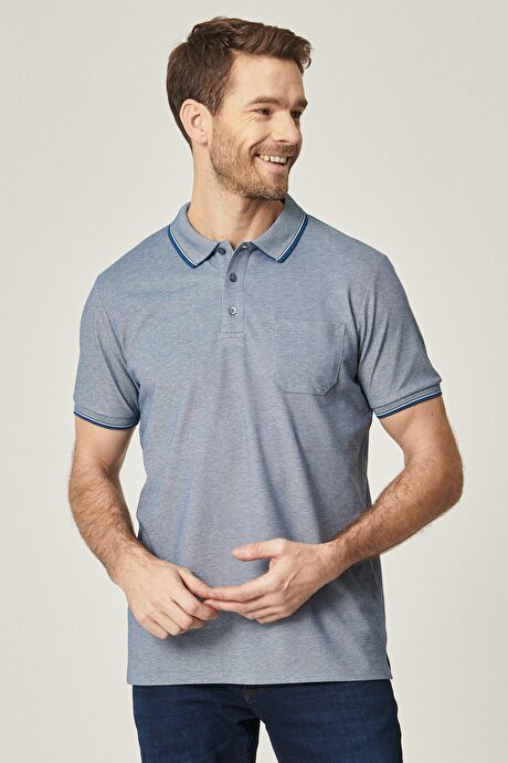 Pamuklu Comfort Fit Rahat Kesim Polo Yaka Cepli İndigo-Beyaz Tişört resmi