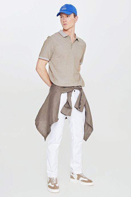 Pamuklu Comfort Fit Rahat Kesim Polo Yaka Cepli Nefti-Beyaz Tişört resmi