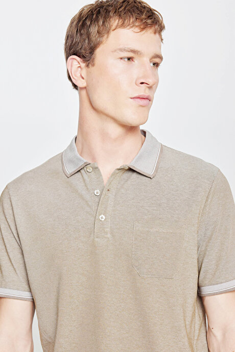 Pamuklu Comfort Fit Rahat Kesim Polo Yaka Cepli Nefti-Beyaz Tişört resmi