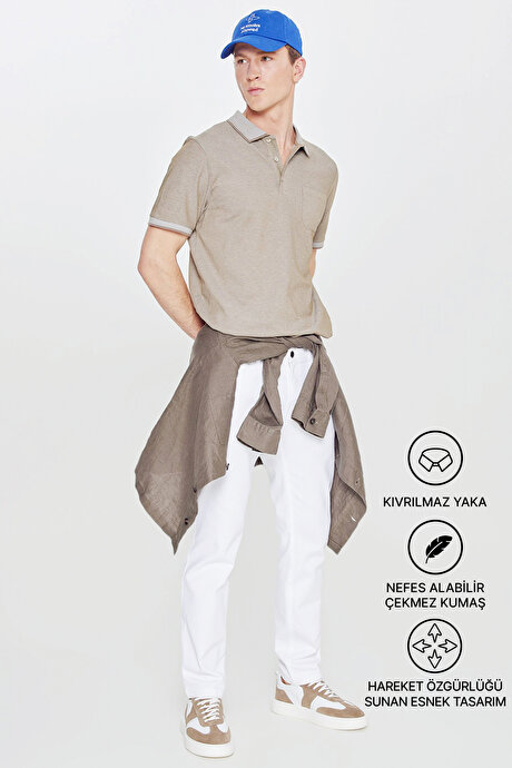 Pamuklu Comfort Fit Rahat Kesim Polo Yaka Cepli Nefti-Beyaz Tişört resmi