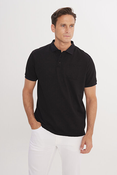 Pamuklu Comfort Fit Rahat Kesim Polo Yaka Cepli Siyah-Siyah Tişört resmi
