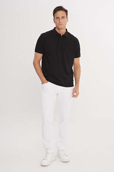 Pamuklu Comfort Fit Rahat Kesim Polo Yaka Cepli Siyah-Siyah Tişört resmi