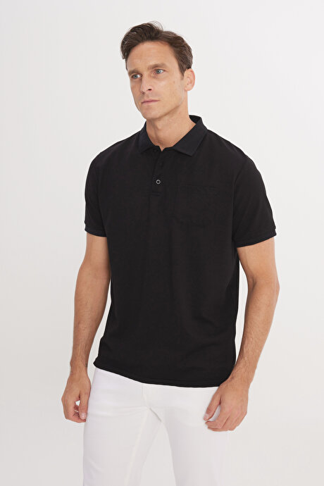 Pamuklu Comfort Fit Rahat Kesim Polo Yaka Cepli Siyah-Siyah Tişört resmi