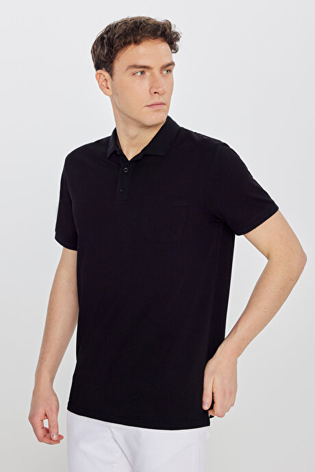 Pamuklu Comfort Fit Rahat Kesim Polo Yaka Cepli Siyah-Siyah Tişört resmi