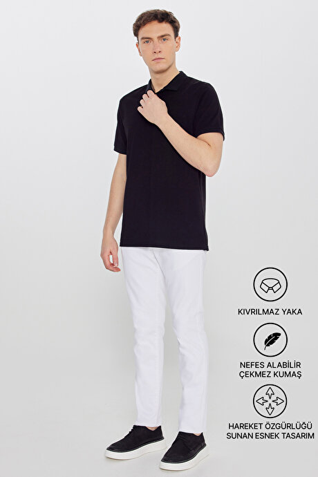 Pamuklu Comfort Fit Rahat Kesim Polo Yaka Cepli Siyah-Siyah Tişört resmi