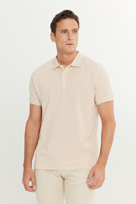 Slim Fit Dar Kesim Kıvrılmaz Polo Yaka Kısa Kollu Açık Bej-Beyaz Tişört resmi