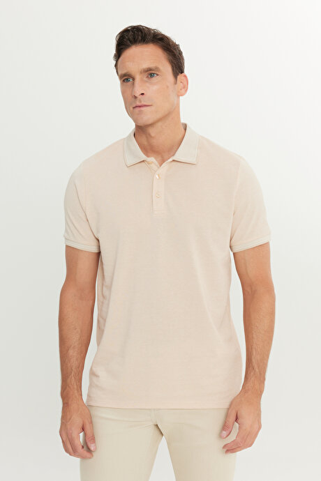Slim Fit Dar Kesim Kıvrılmaz Polo Yaka Kısa Kollu Açık Bej-Beyaz Tişört resmi