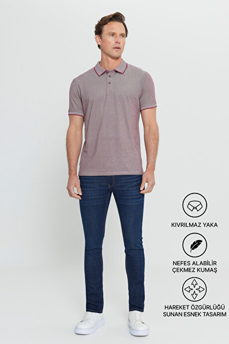 Slim Fit Dar Kesim Kıvrılmaz Polo Yaka Kısa Kollu Bordo Tişört resmi