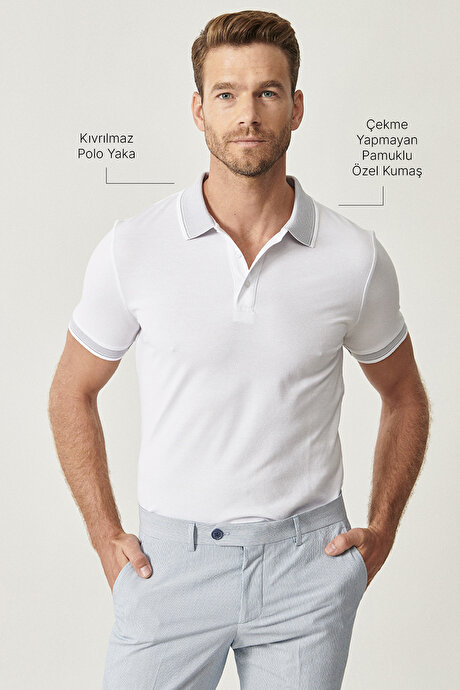 Slim Fit Dar Kesim Kıvrılmaz Polo Yaka Kısa Kollu Beyaz Tişört resmi