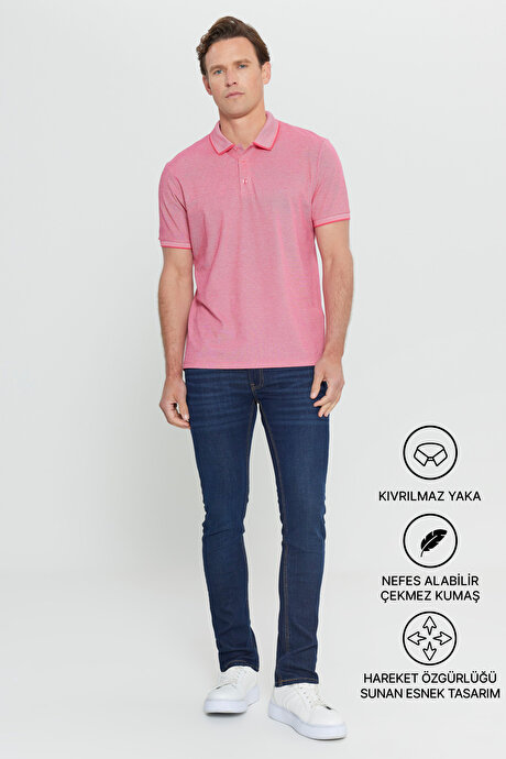 Slim Fit Dar Kesim Kıvrılmaz Polo Yaka Kısa Kollu Fuşya-Beyaz Tişört resmi