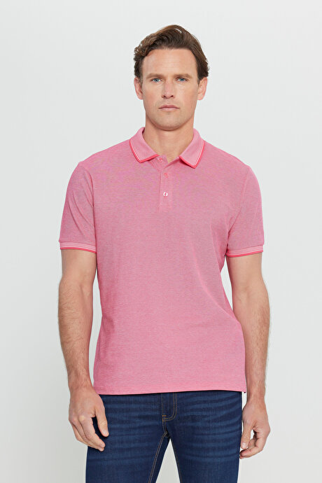 Slim Fit Dar Kesim Kıvrılmaz Polo Yaka Kısa Kollu Fuşya-Beyaz Tişört resmi