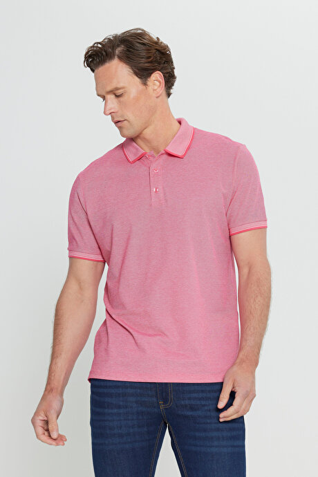 Slim Fit Dar Kesim Kıvrılmaz Polo Yaka Kısa Kollu Fuşya-Beyaz Tişört resmi