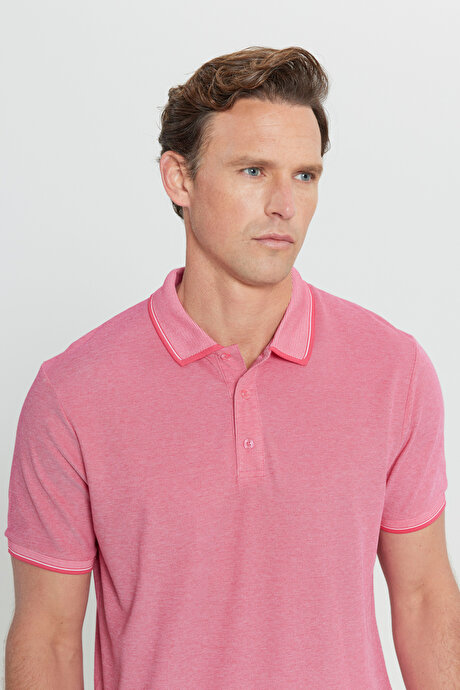 Slim Fit Dar Kesim Kıvrılmaz Polo Yaka Kısa Kollu Fuşya-Beyaz Tişört resmi