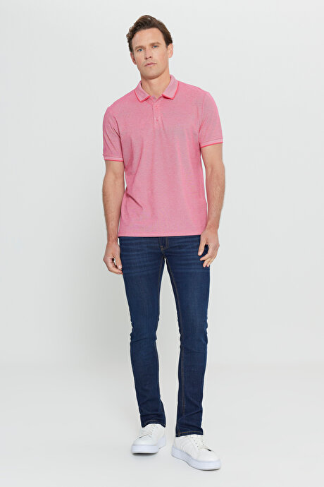 Slim Fit Dar Kesim Kıvrılmaz Polo Yaka Kısa Kollu Fuşya-Beyaz Tişört resmi