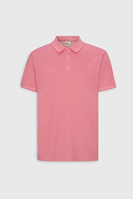 Slim Fit Dar Kesim Kıvrılmaz Polo Yaka Kısa Kollu Fuşya-Beyaz Tişört resmi