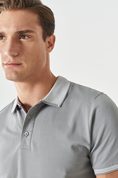 Slim Fit Dar Kesim Kıvrılmaz Polo Yaka Kısa Kollu Gri-Gri Tişört resmi