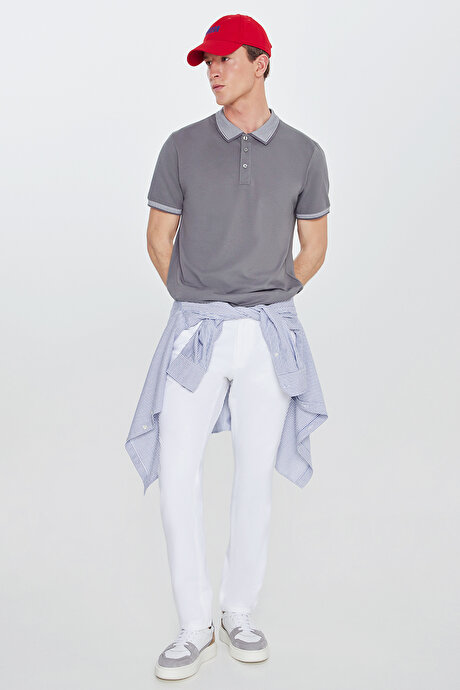 Slim Fit Dar Kesim Kıvrılmaz Polo Yaka Kısa Kollu Gri-Gri Tişört resmi